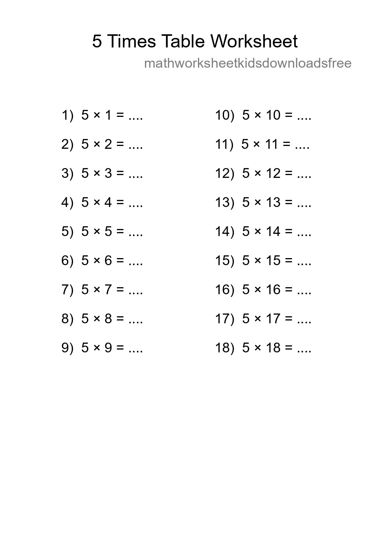 5 Times Table Worksheet For Grade 2 With Answers - Part 20