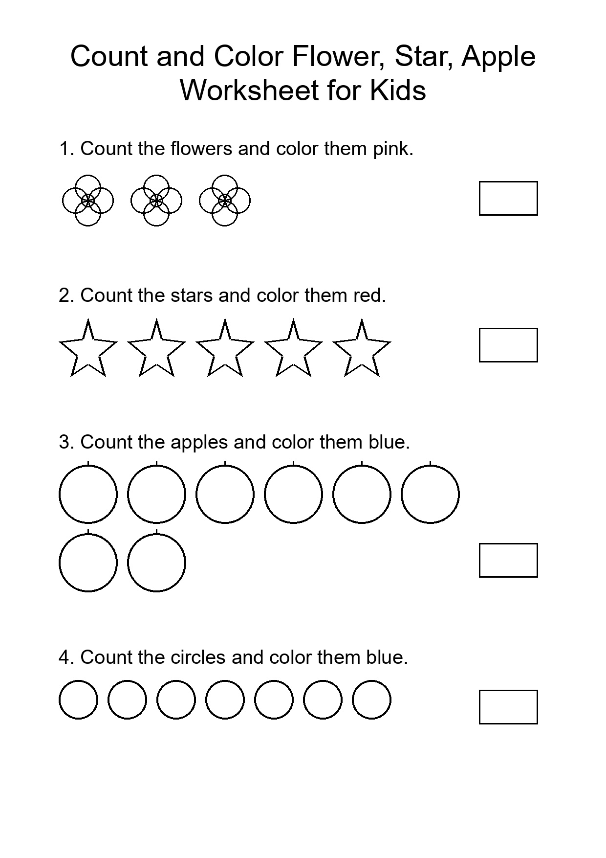 Count and Color Flower, Star, Apple Worksheet for Kids