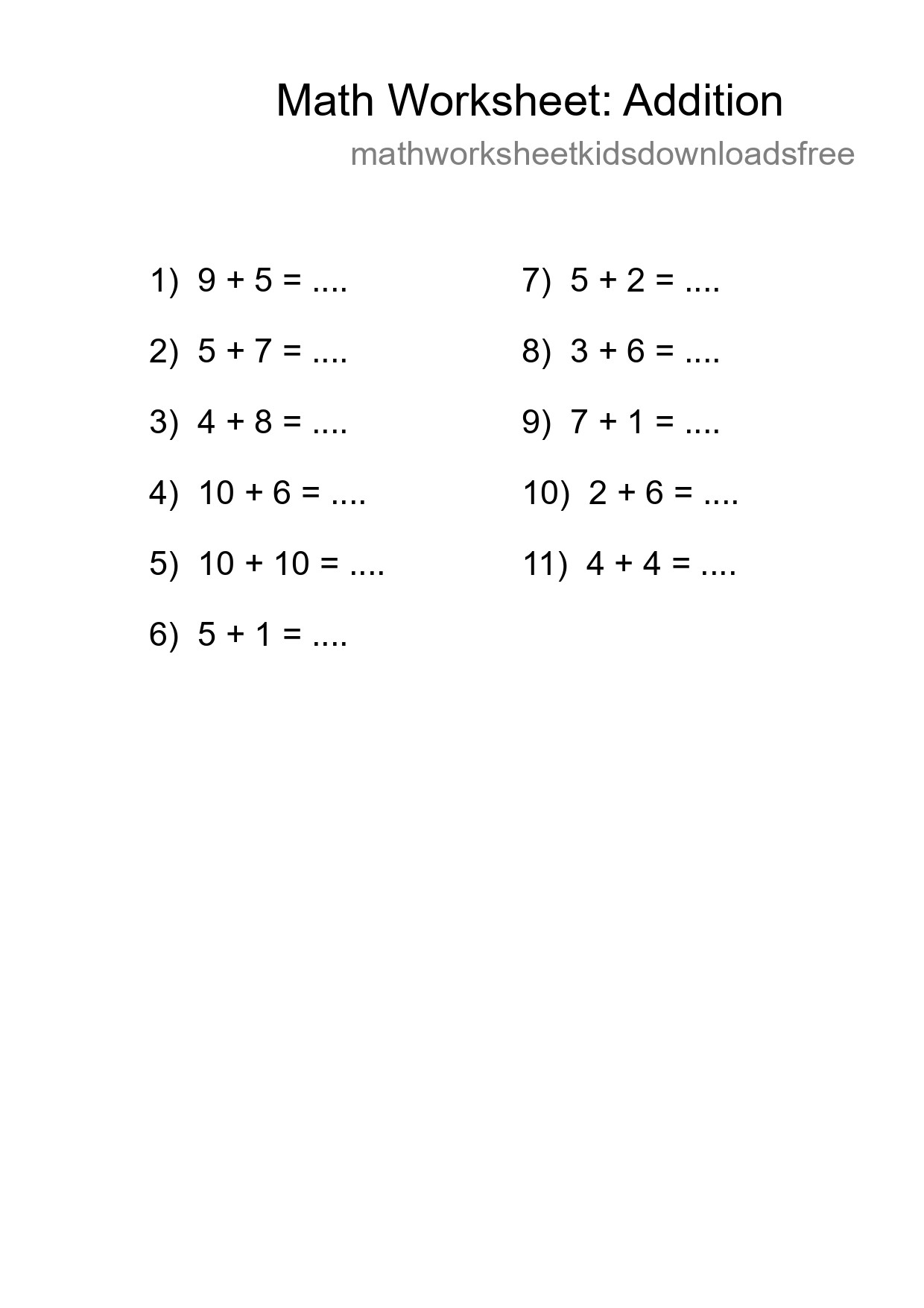 Free 11 Addition Math Worksheet For Grade 1 - Part 12