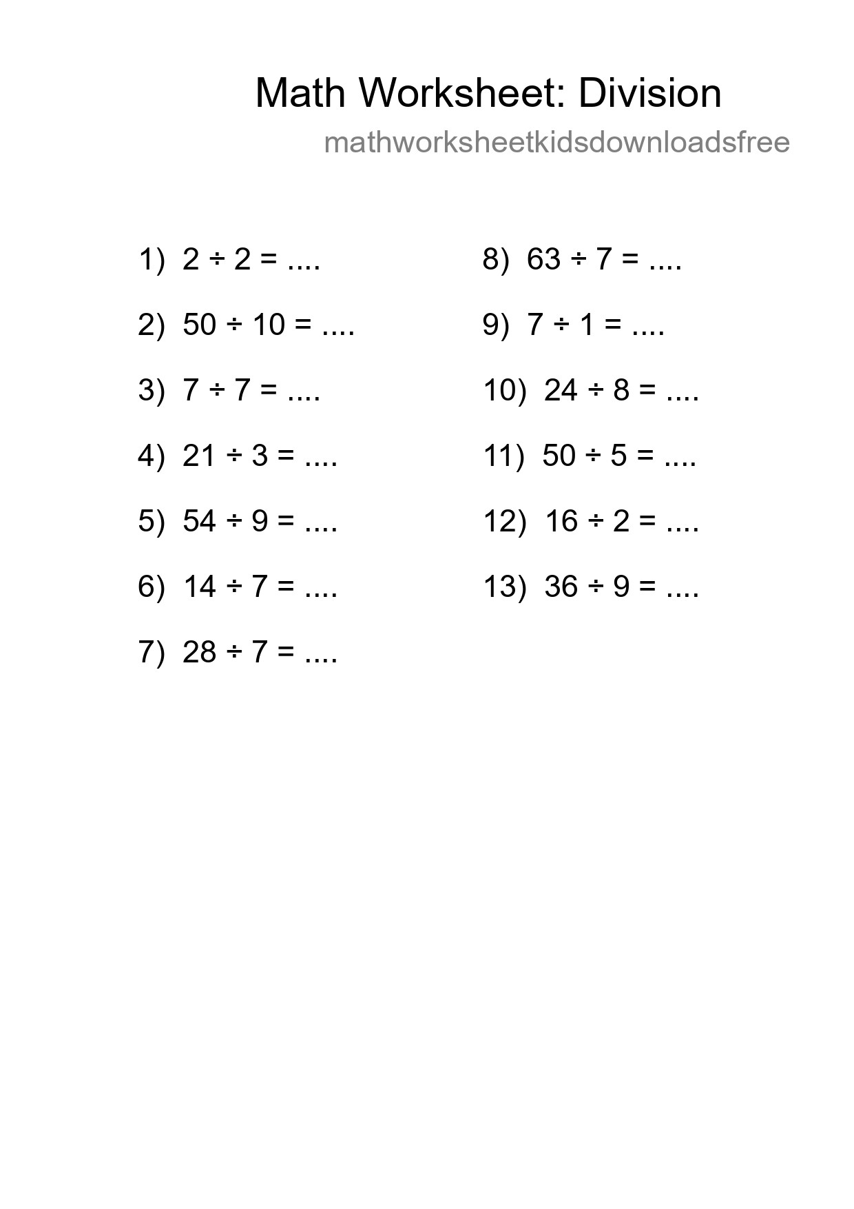 Free 13 Division Math Worksheet For Grade 1 With Answers - Part 202