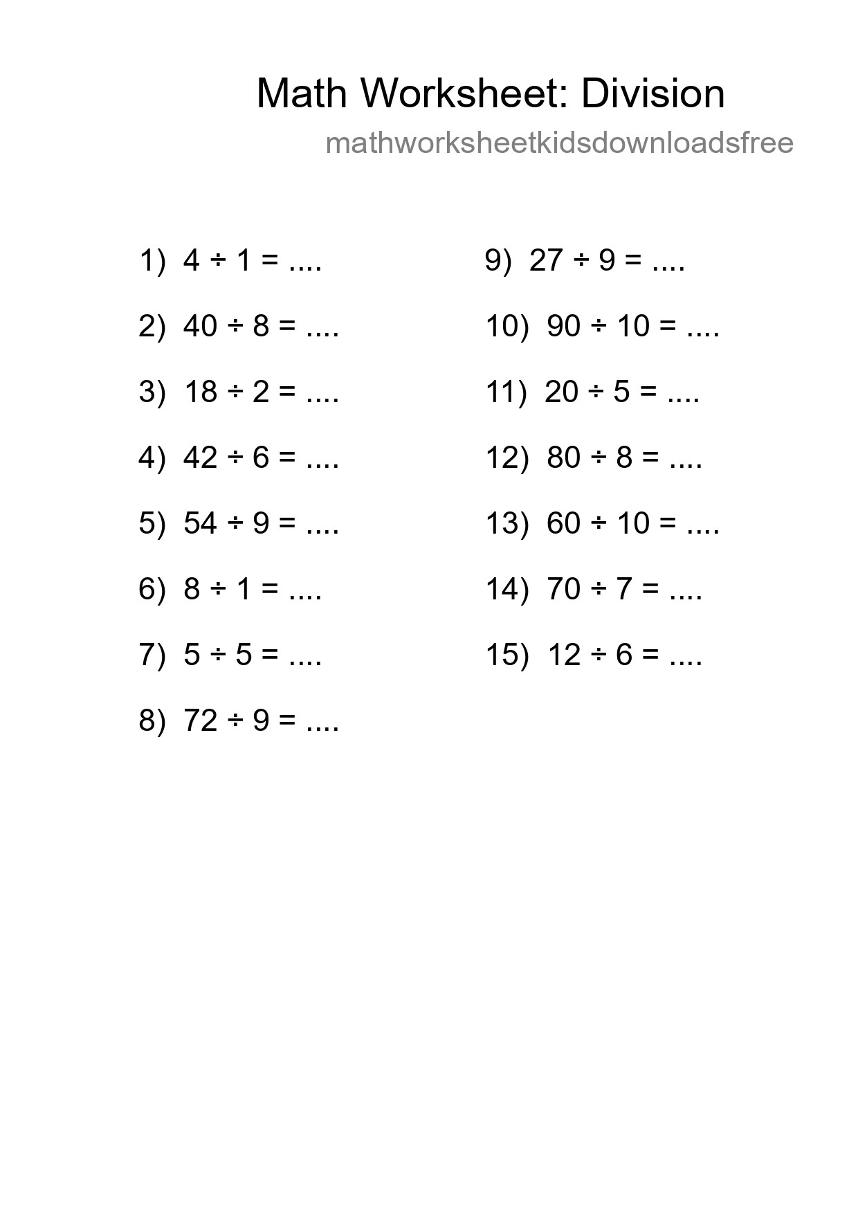 Free 15 Division Math Worksheet For Grade 1 With Answers - Part 15