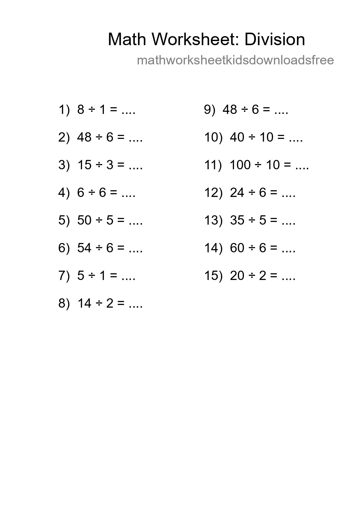 Free 15 Division Math Worksheet For Grade 1 With Answers - Part 4