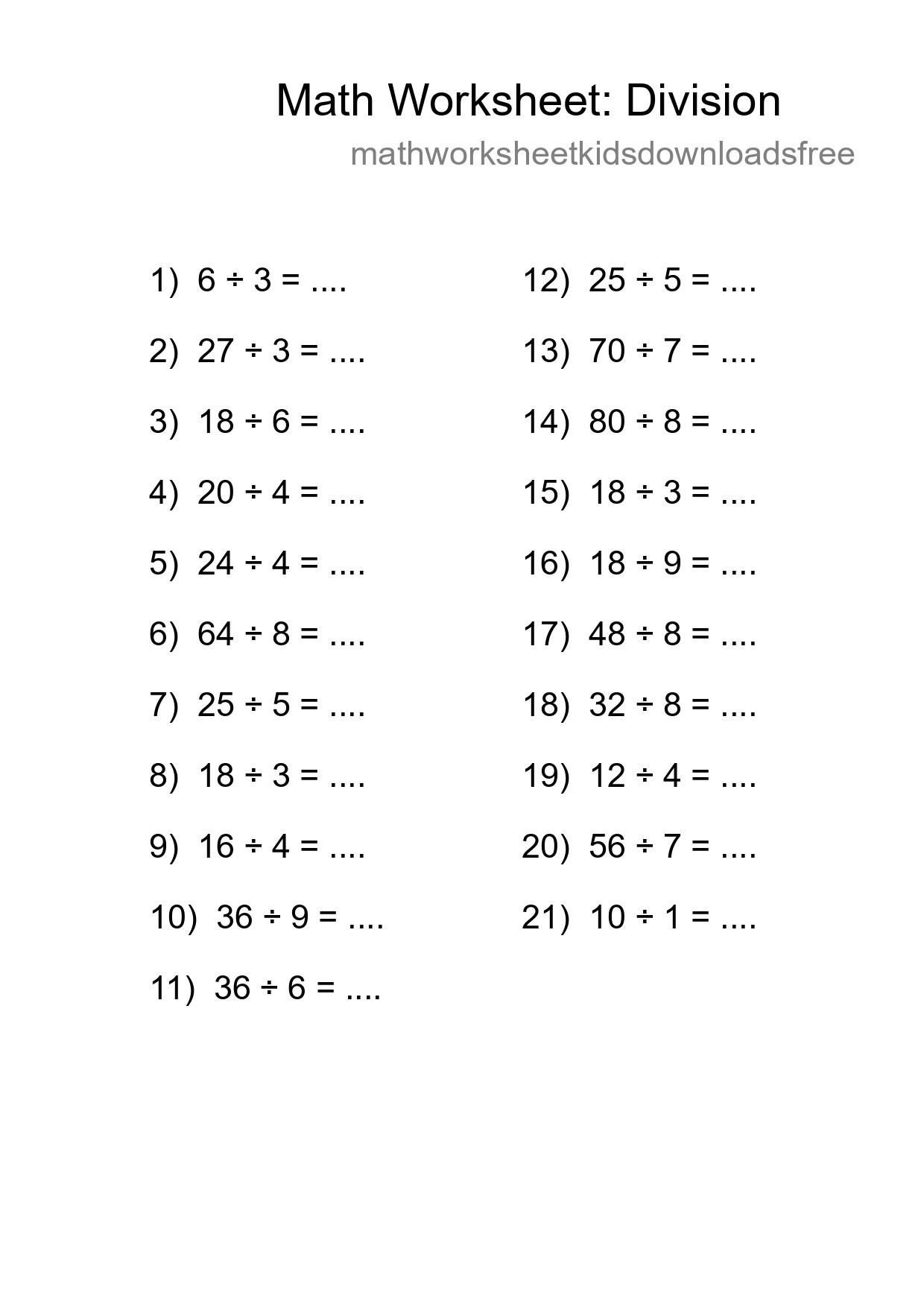 Free 21 Division Math Worksheet For Grade 1 With Answers - Part 246