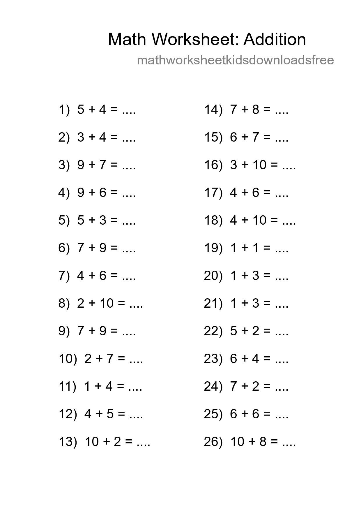 Free 26 Addition Math Worksheet For Grade 1 - Part 23