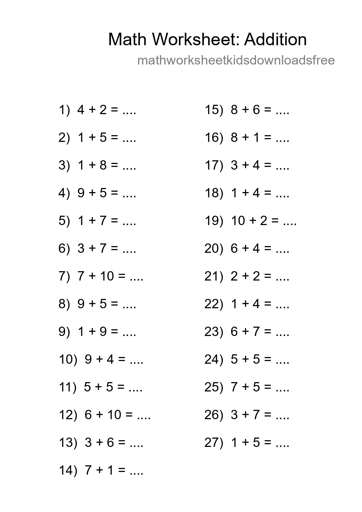 Free 27 Addition Math Worksheet For Grade 1 - Part 243