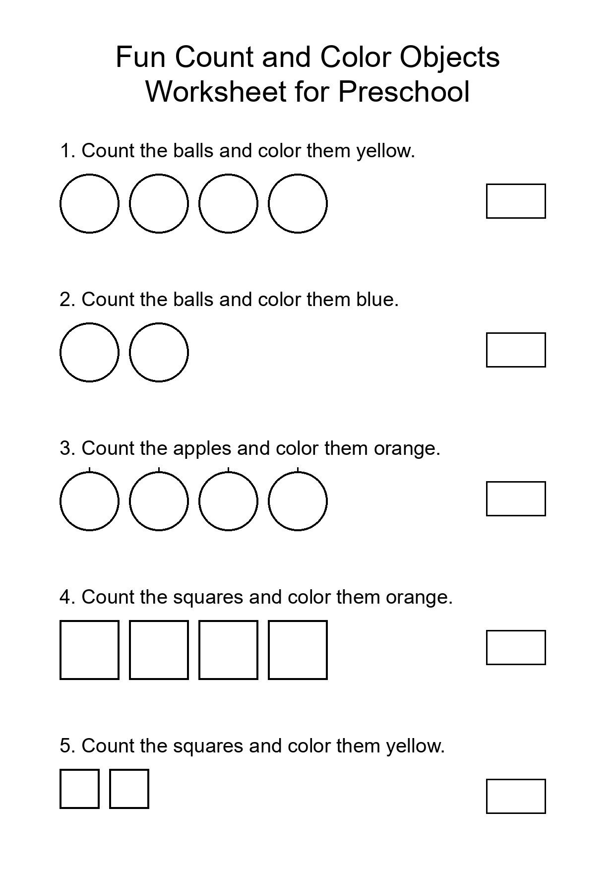 Fun Count and Color Objects Worksheet for Preschool