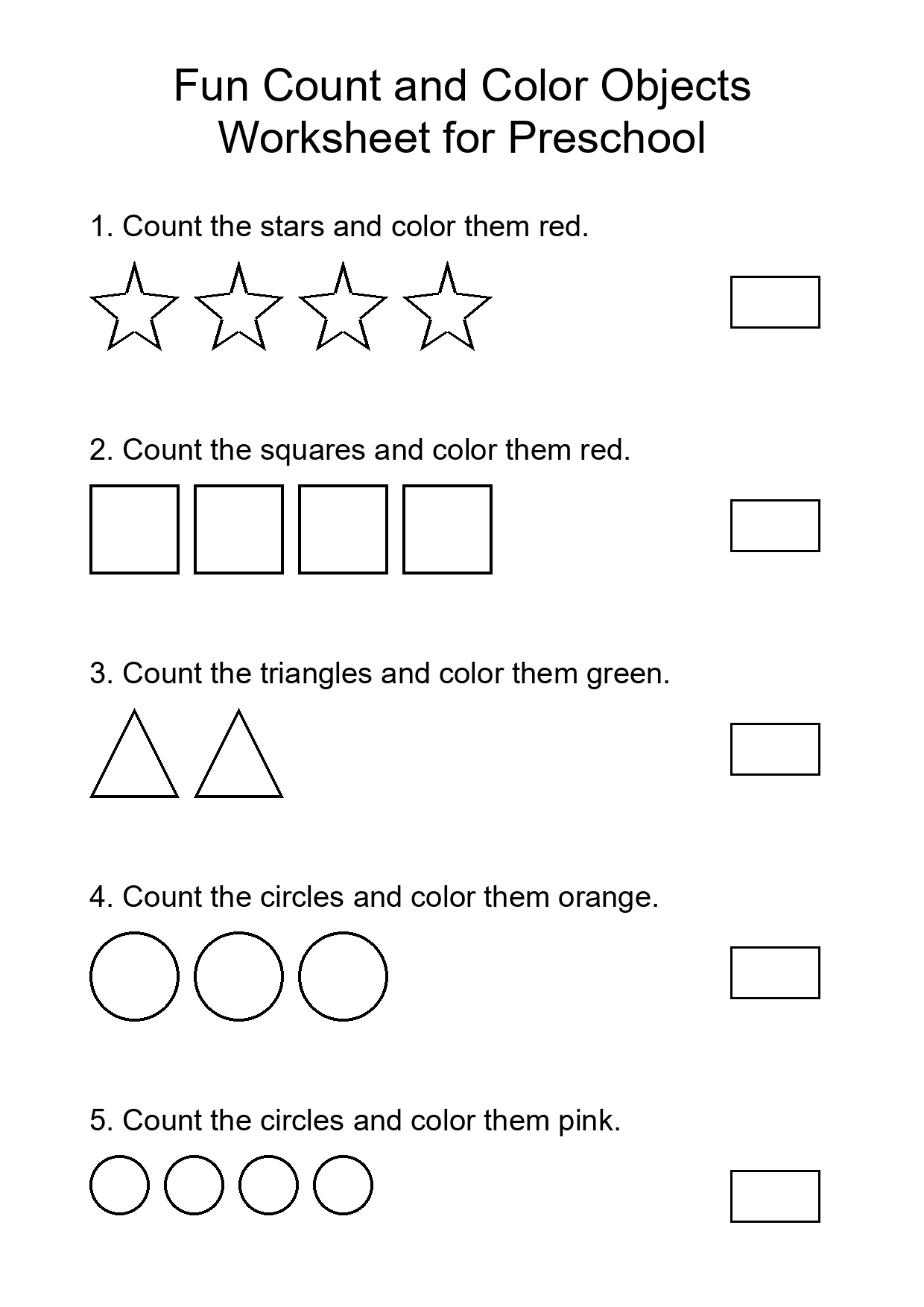 Fun Count and Color Objects Worksheet for Preschool
