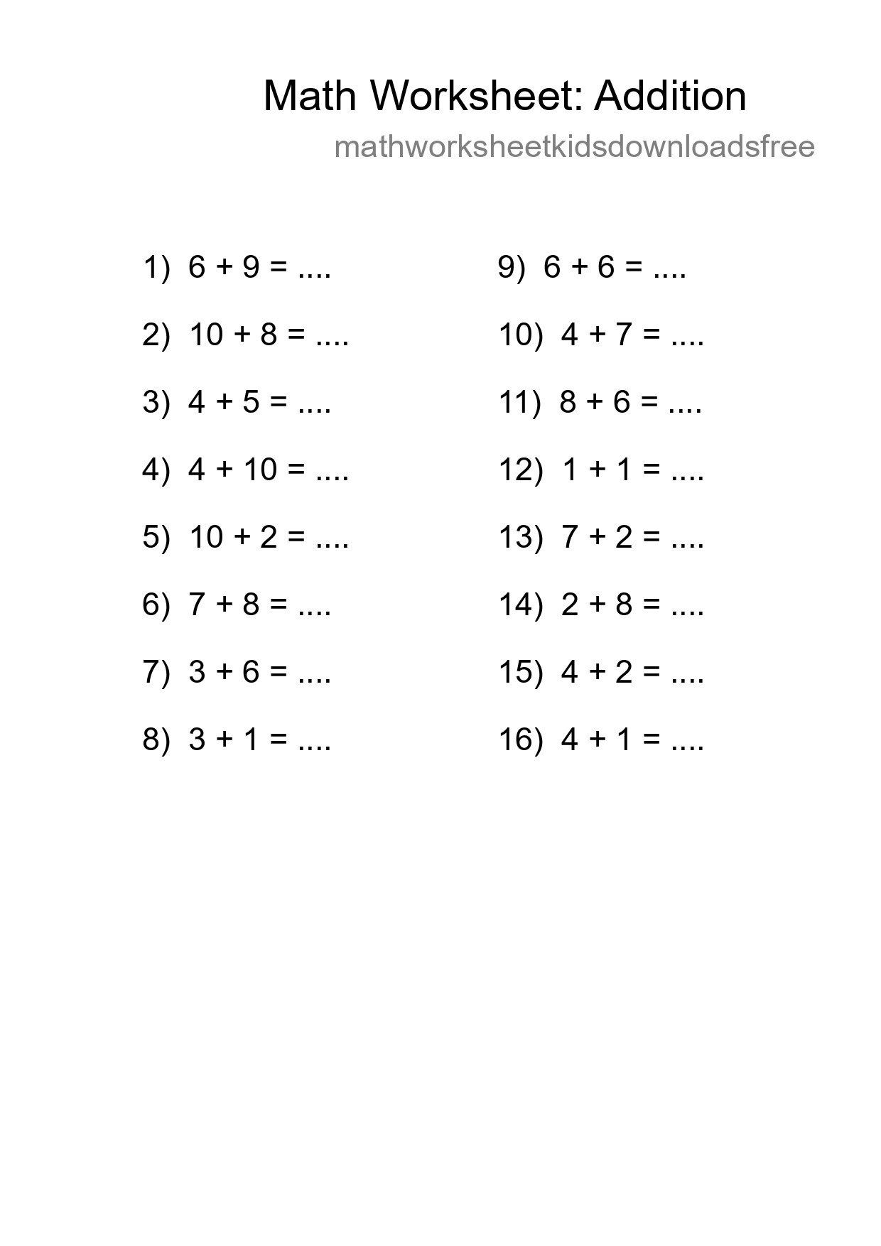 Grade 1 Addition Practice Worksheet (16 Problems) - Part 144