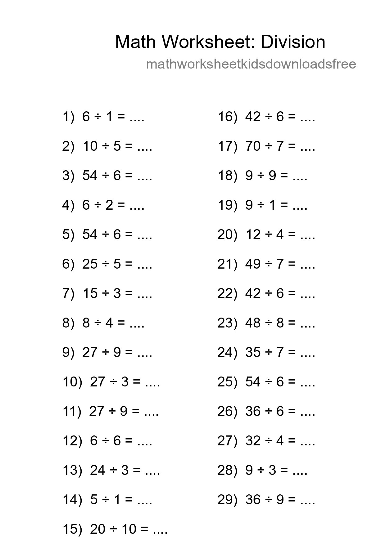Grade 1 Division Practice Worksheet (29 Problems) - Part 92