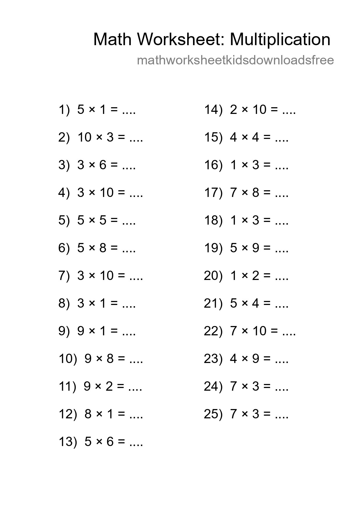 Grade 1 Multiplication Practice Worksheet (25 Problems) - Part 216