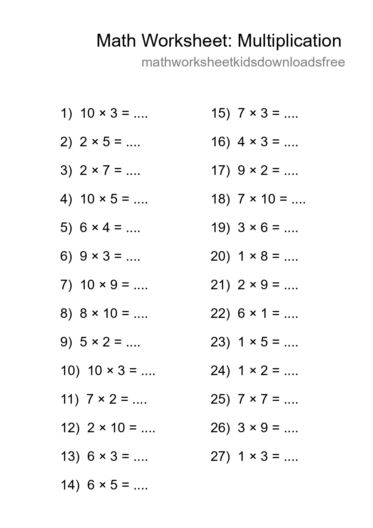 Grade 1 Multiplication Practice Worksheet (27 Problems) - Part 205