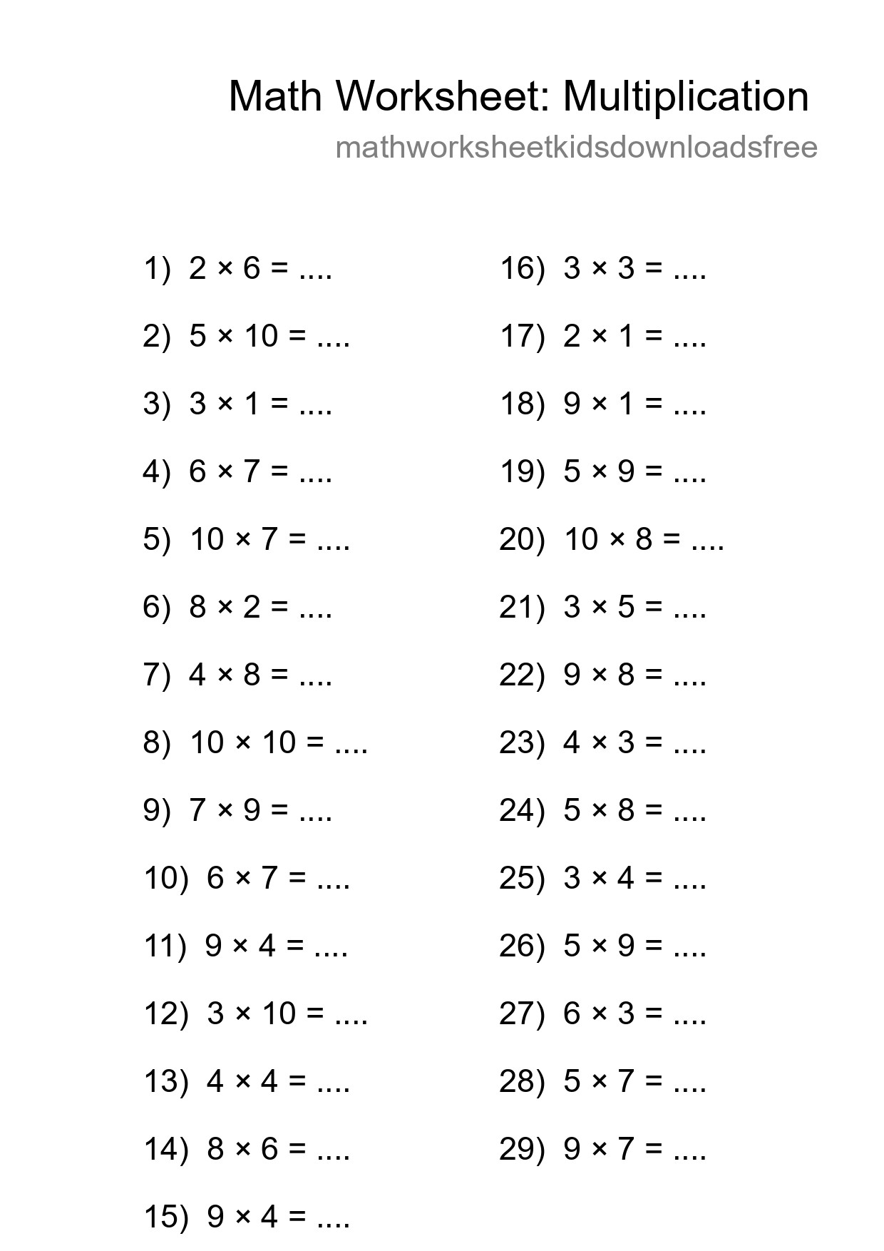 Grade 1 Multiplication Practice Worksheet (29 Problems) - Part 249
