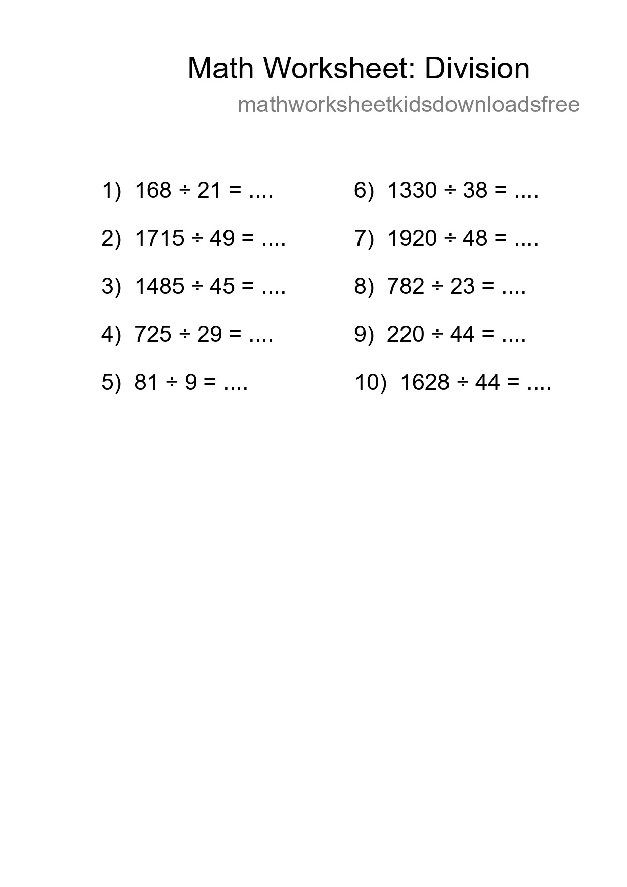 Grade 2 Division Practice Worksheet (10 Problems) - Part 81
