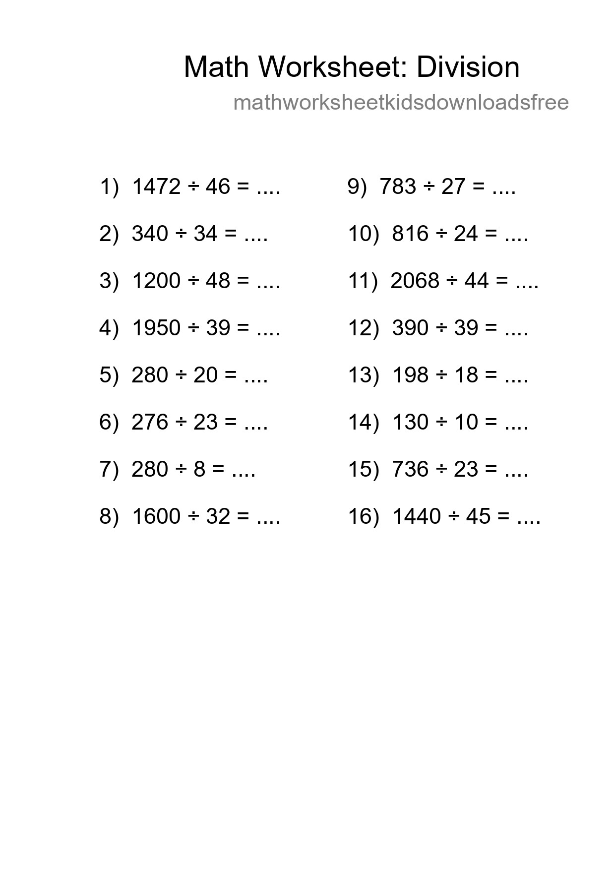 Grade 2 Division Practice Worksheet (16 Problems) - Part 213