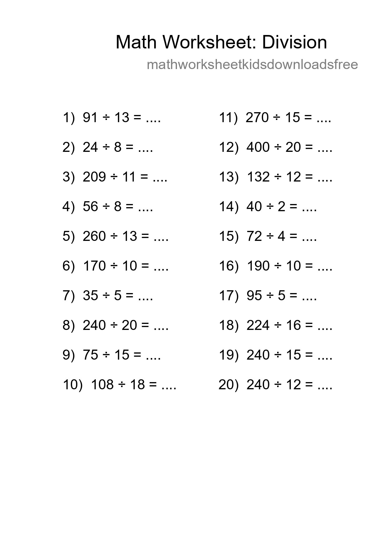 Grade 2 Division Practice Worksheet (20 Problems) - Part 158
