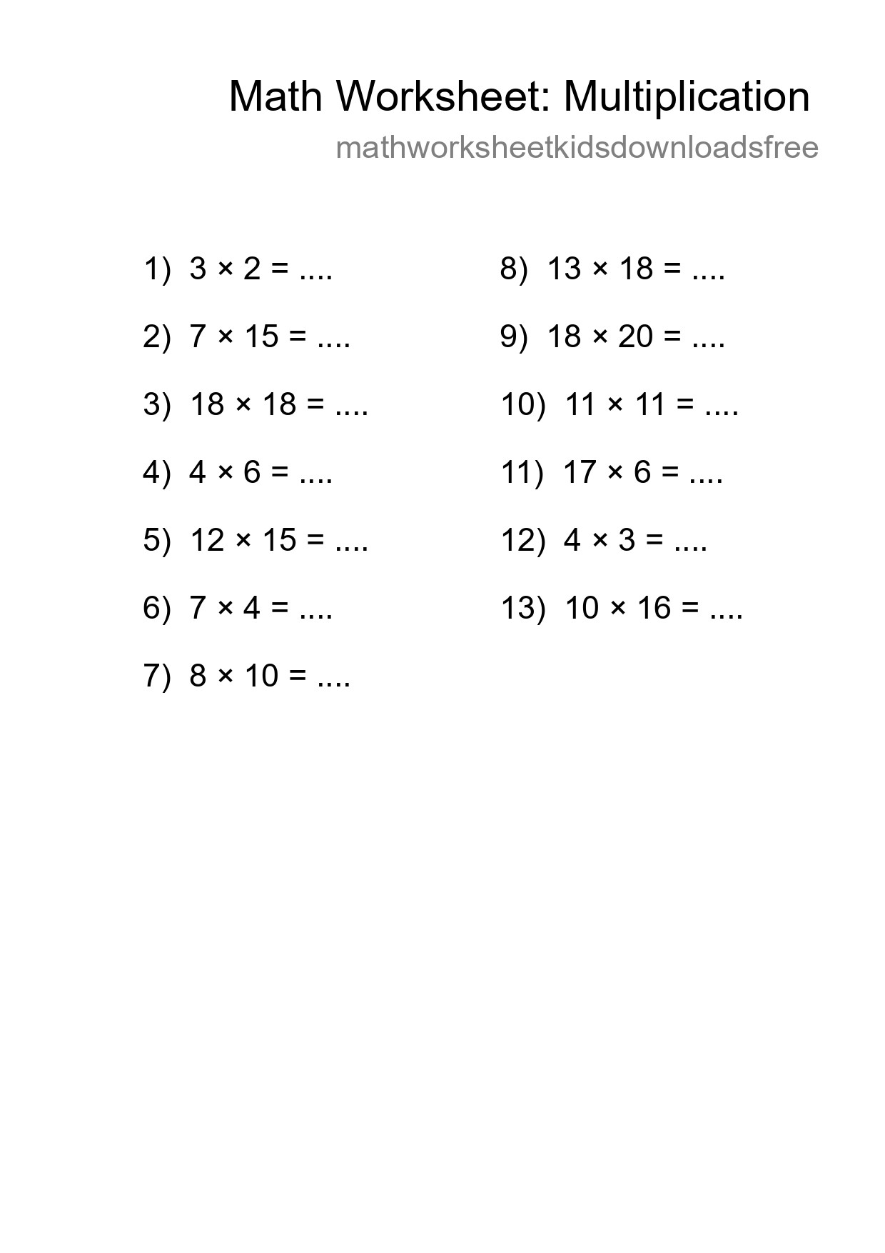 Grade 2 Multiplication Practice Worksheet (13 Problems) - Part 106