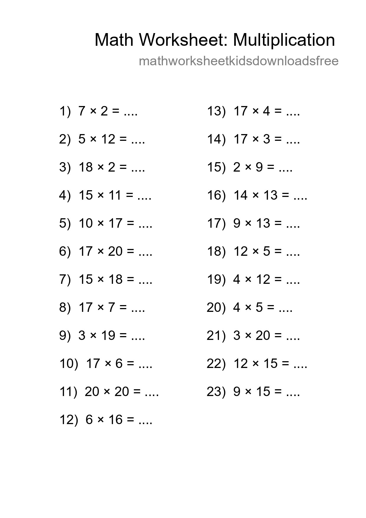 Grade 2 Multiplication Practice Worksheet (23 Problems) - Part 150