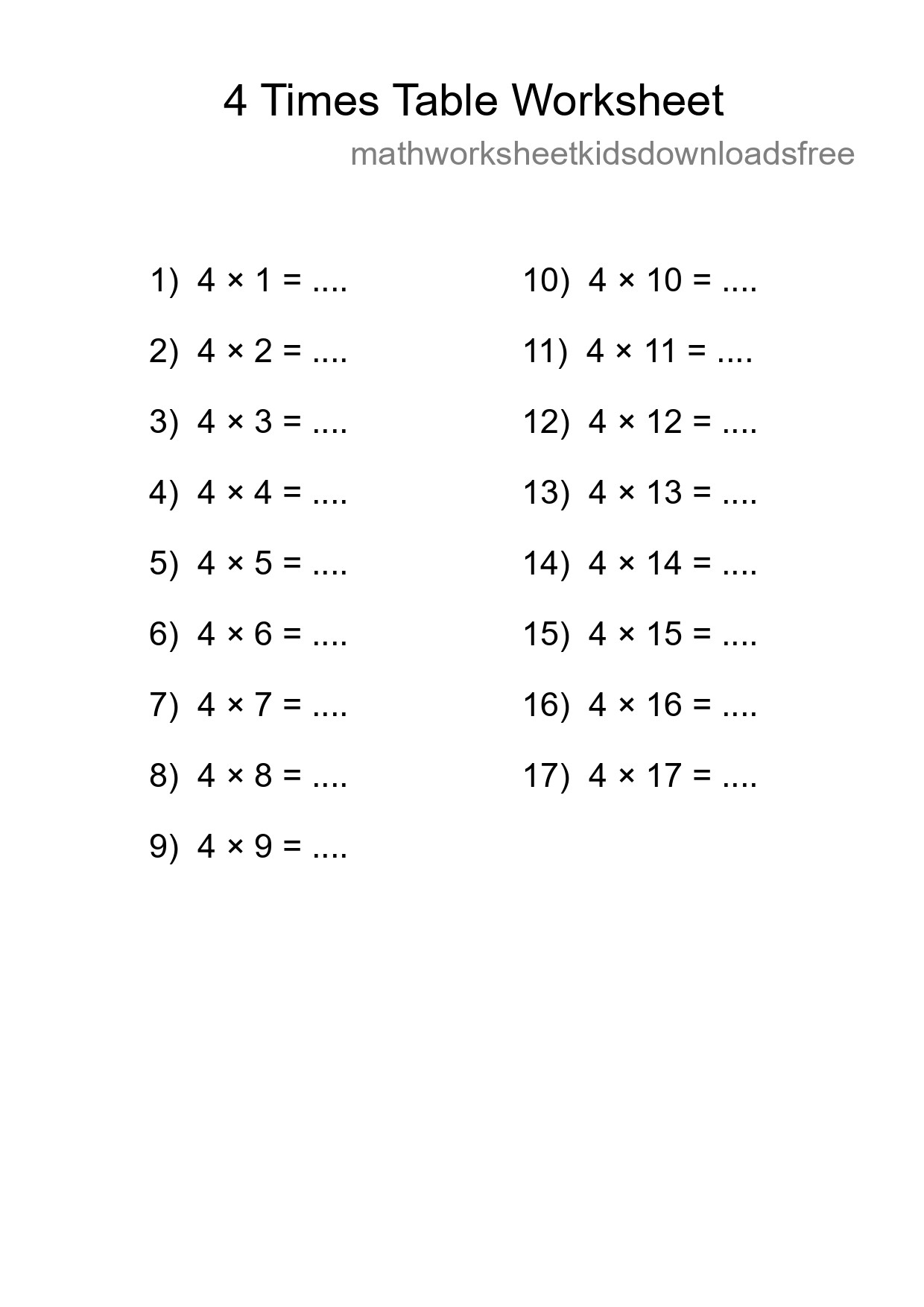 Grade 2 Multiplication Table 4 Practice - Part 42