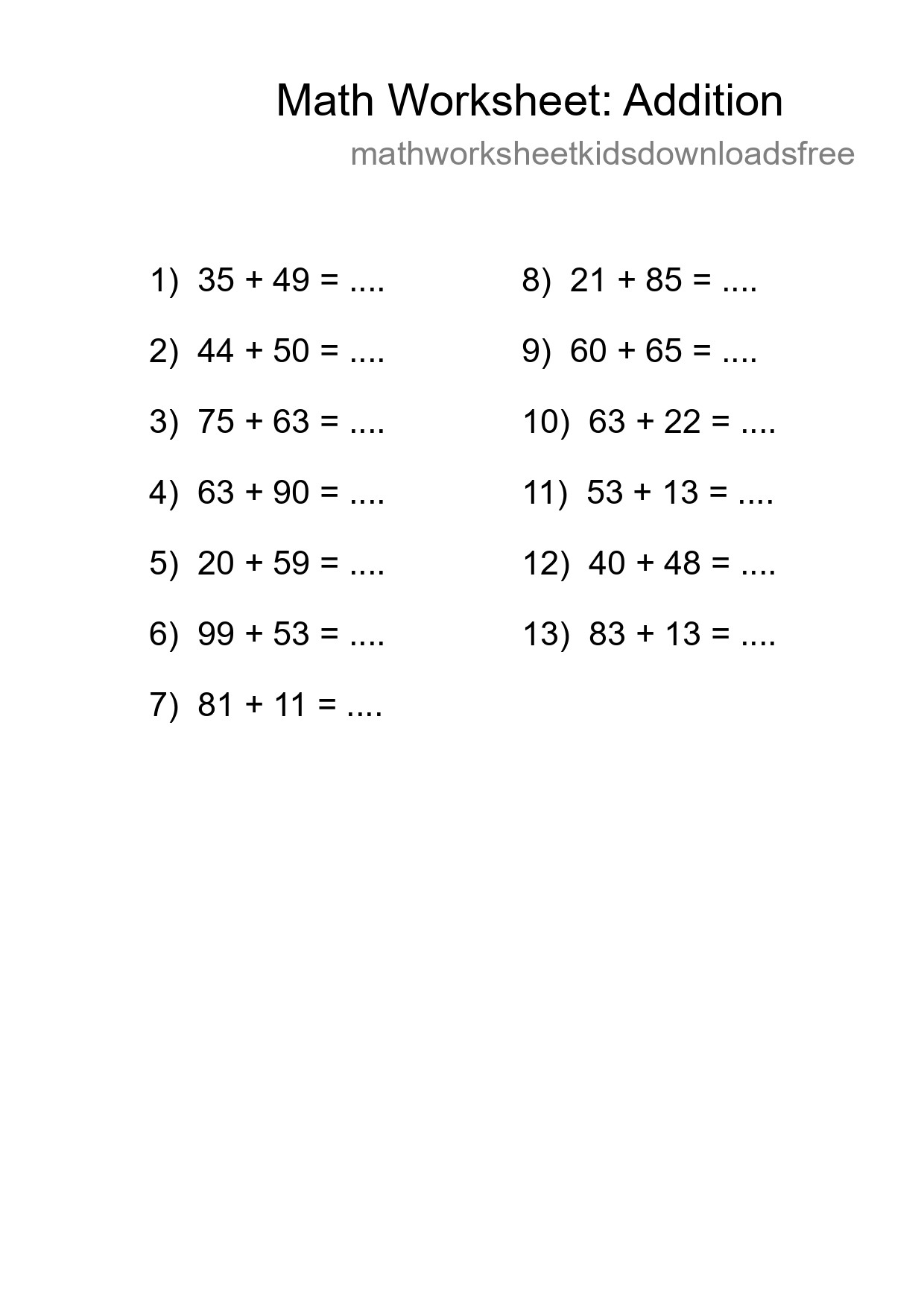 Grade 3 Addition Practice Worksheet (13 Problems) - Part 78