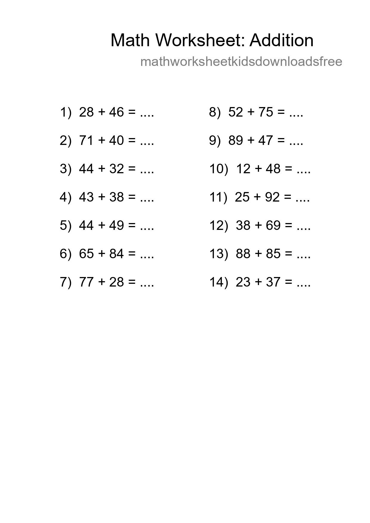 Grade 3 Addition Practice Worksheet (14 Problems) - Part 199