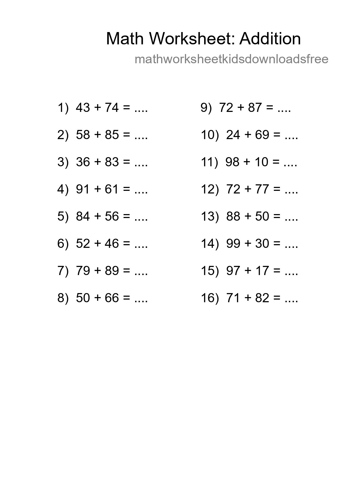 Grade 3 Addition Practice Worksheet (16 Problems) - Part 122