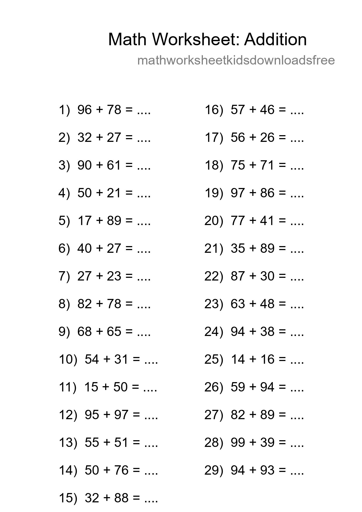 Grade 3 Addition Practice Worksheet (29 Problems) - Part 100