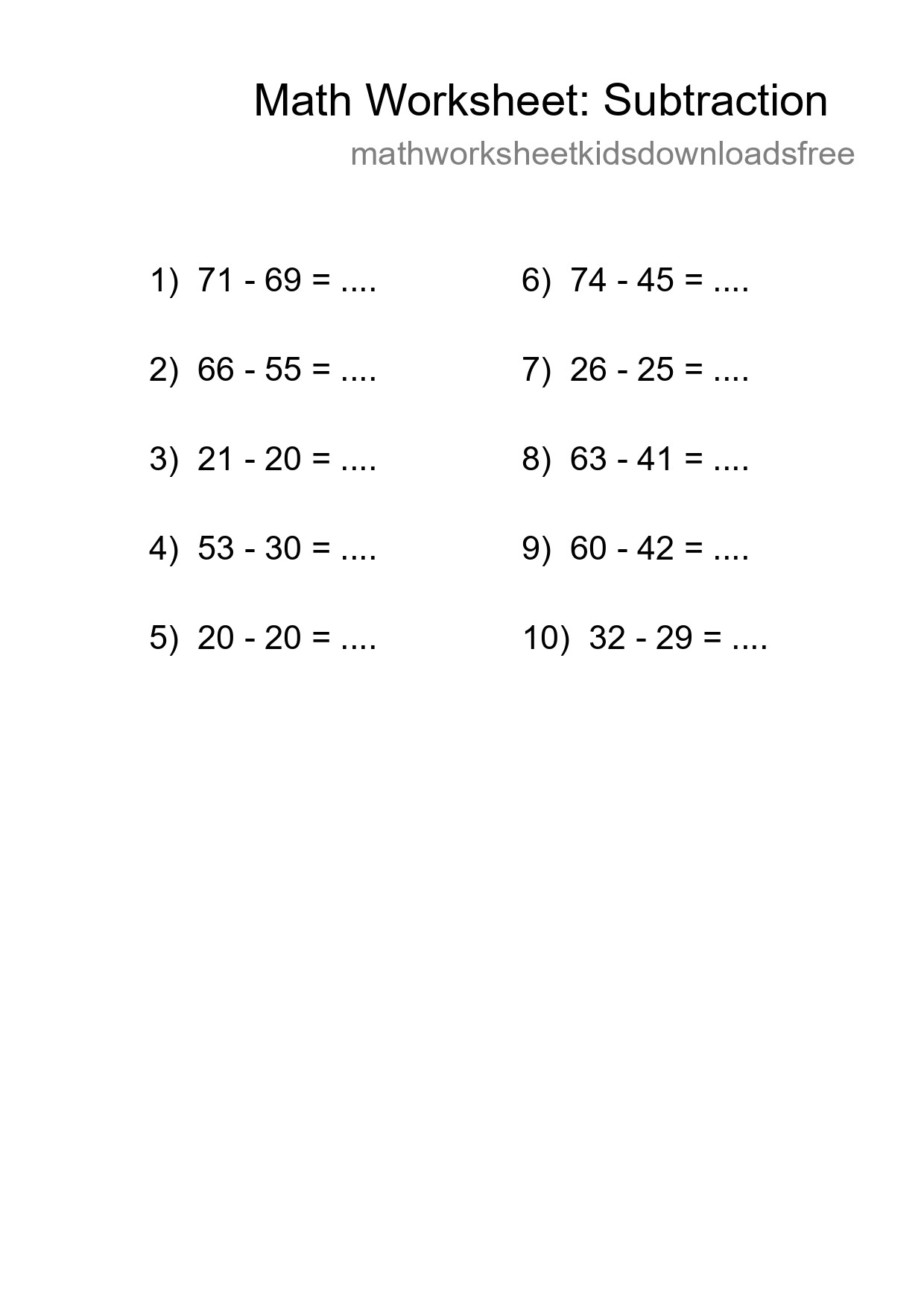 Grade 3 Subtraction Practice Worksheet (10 Problems) - Part 173
