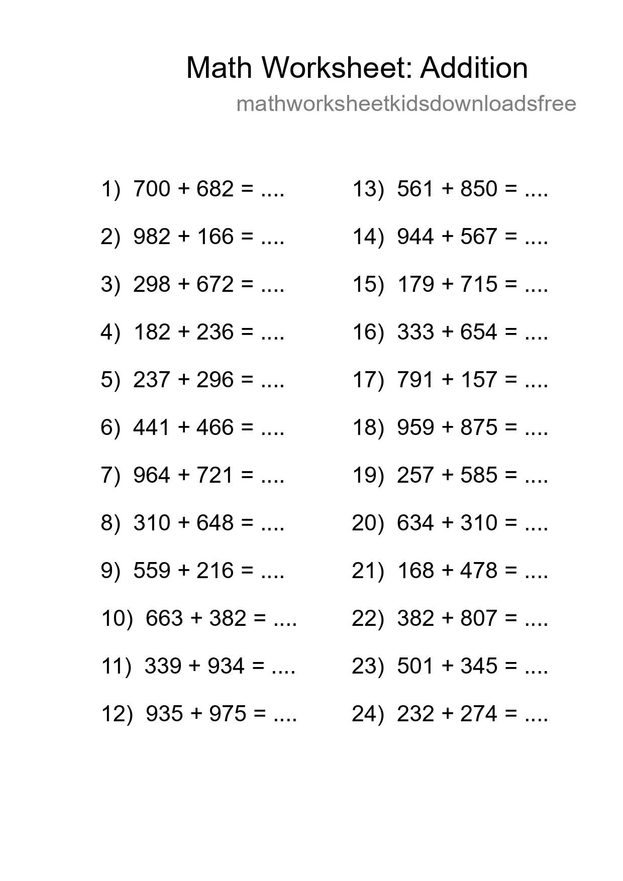Grade 5 Addition Practice Worksheet (24 Problems)