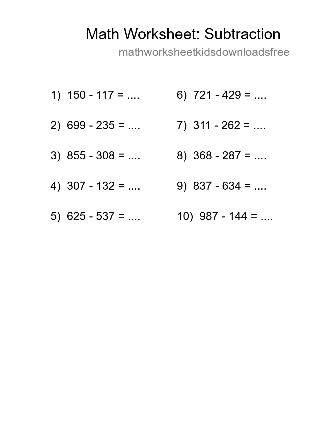 Grade 5 Subtraction Practice Worksheet (10 Problems) - Part 162