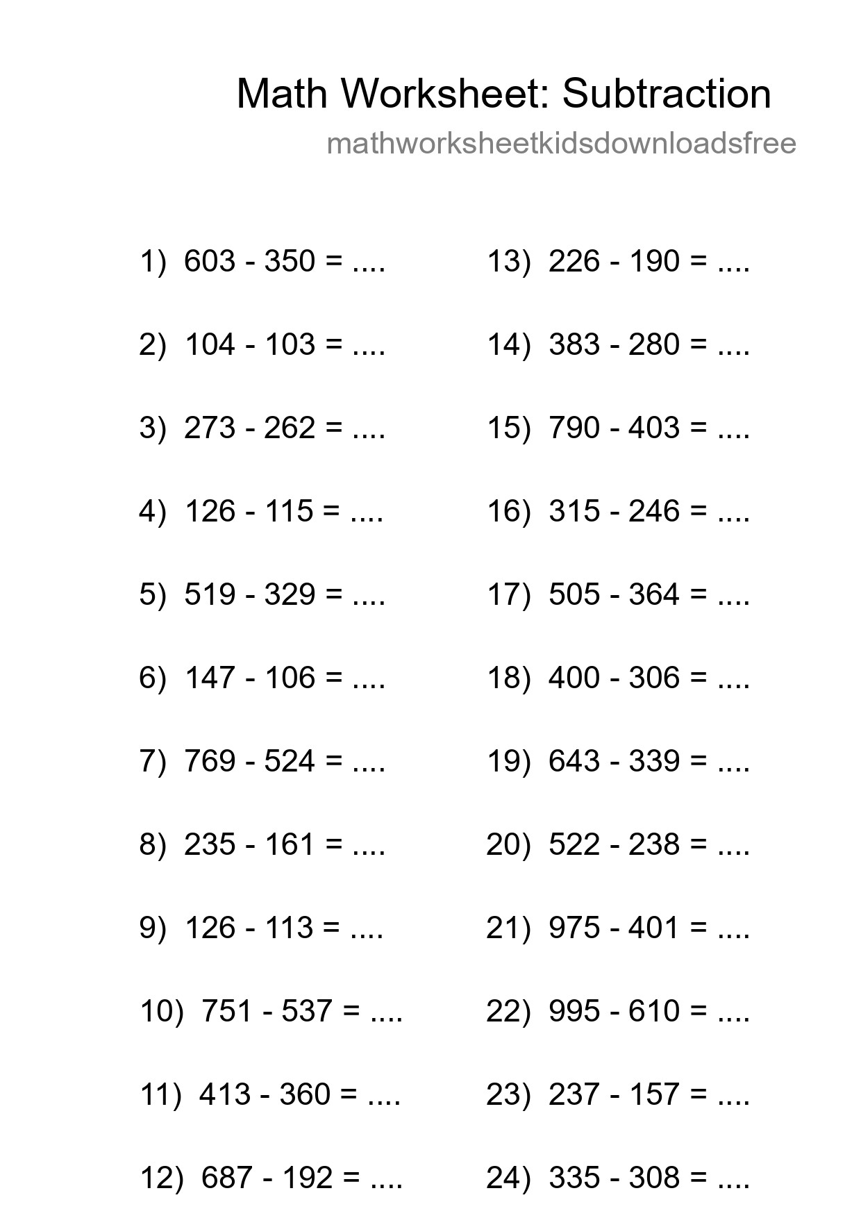 Grade 5 Subtraction Practice Worksheet (24 Problems) - Part 41
