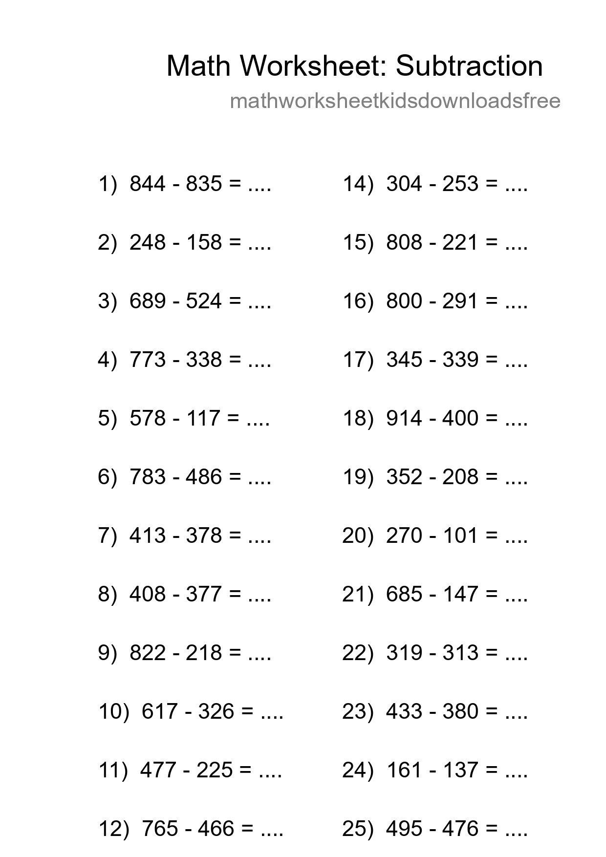 Grade 5 Subtraction Practice Worksheet (26 Problems) - Part 85
