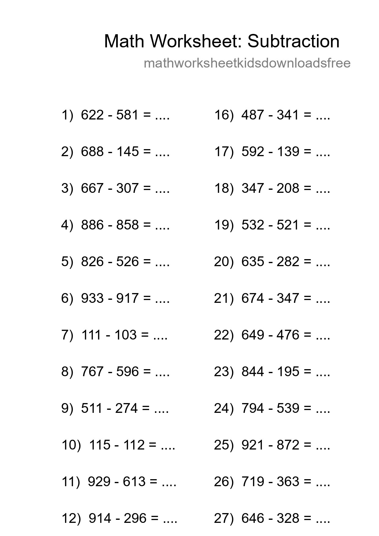 Grade 5 Subtraction Practice Worksheet (29 Problems) - Part 96