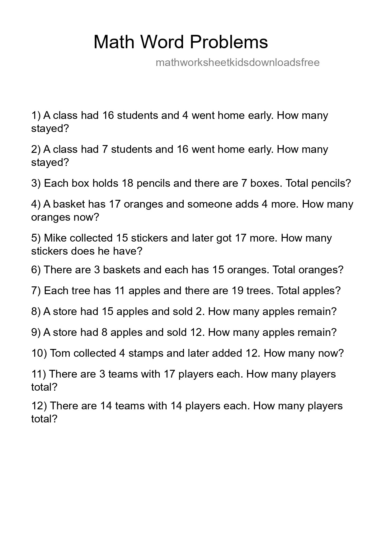 Math Word Problem Worksheet