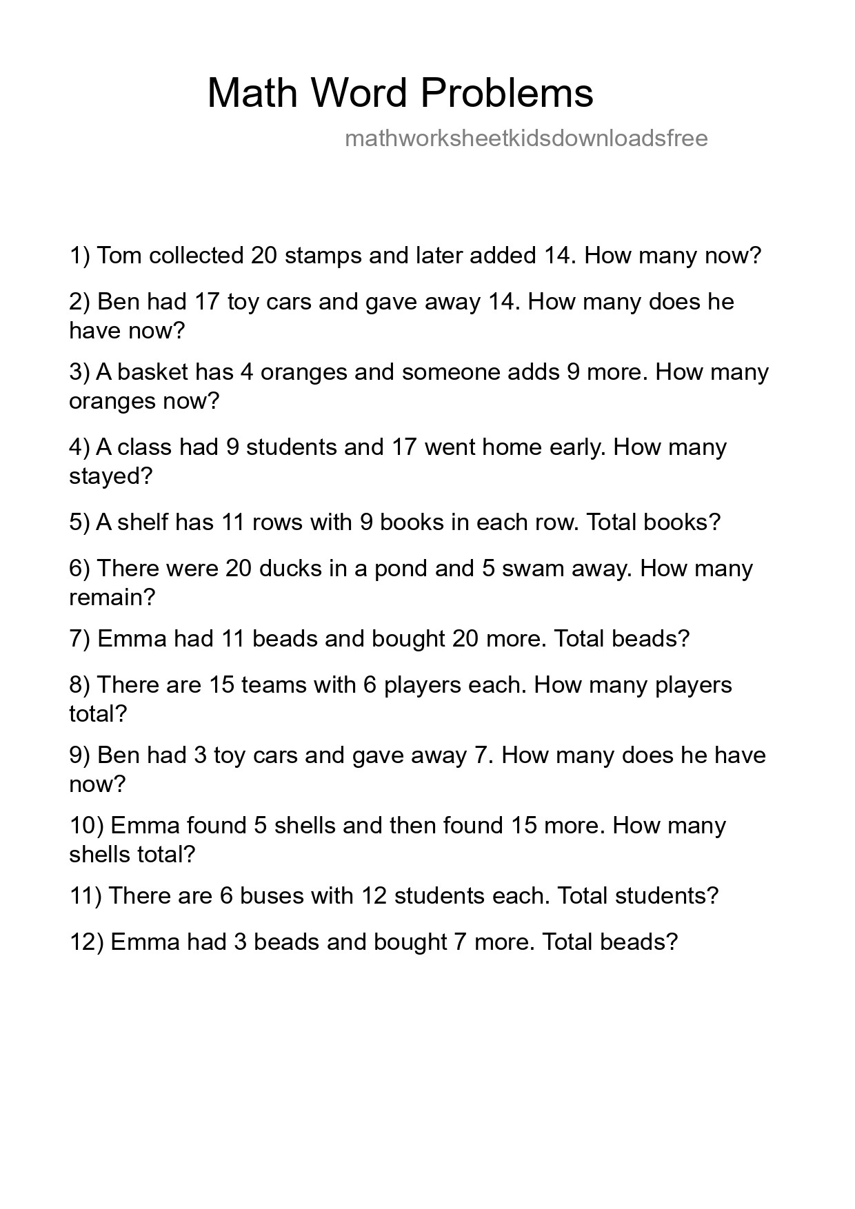 Math Word Problem Worksheet