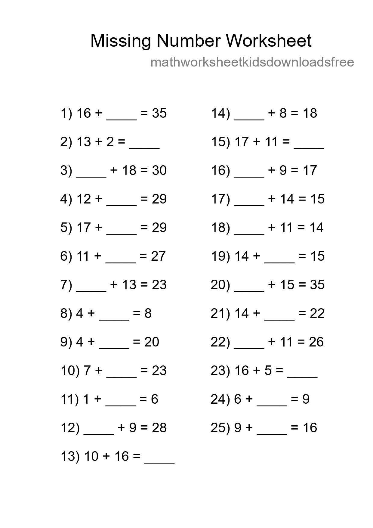 Missing Number Math Worksheet