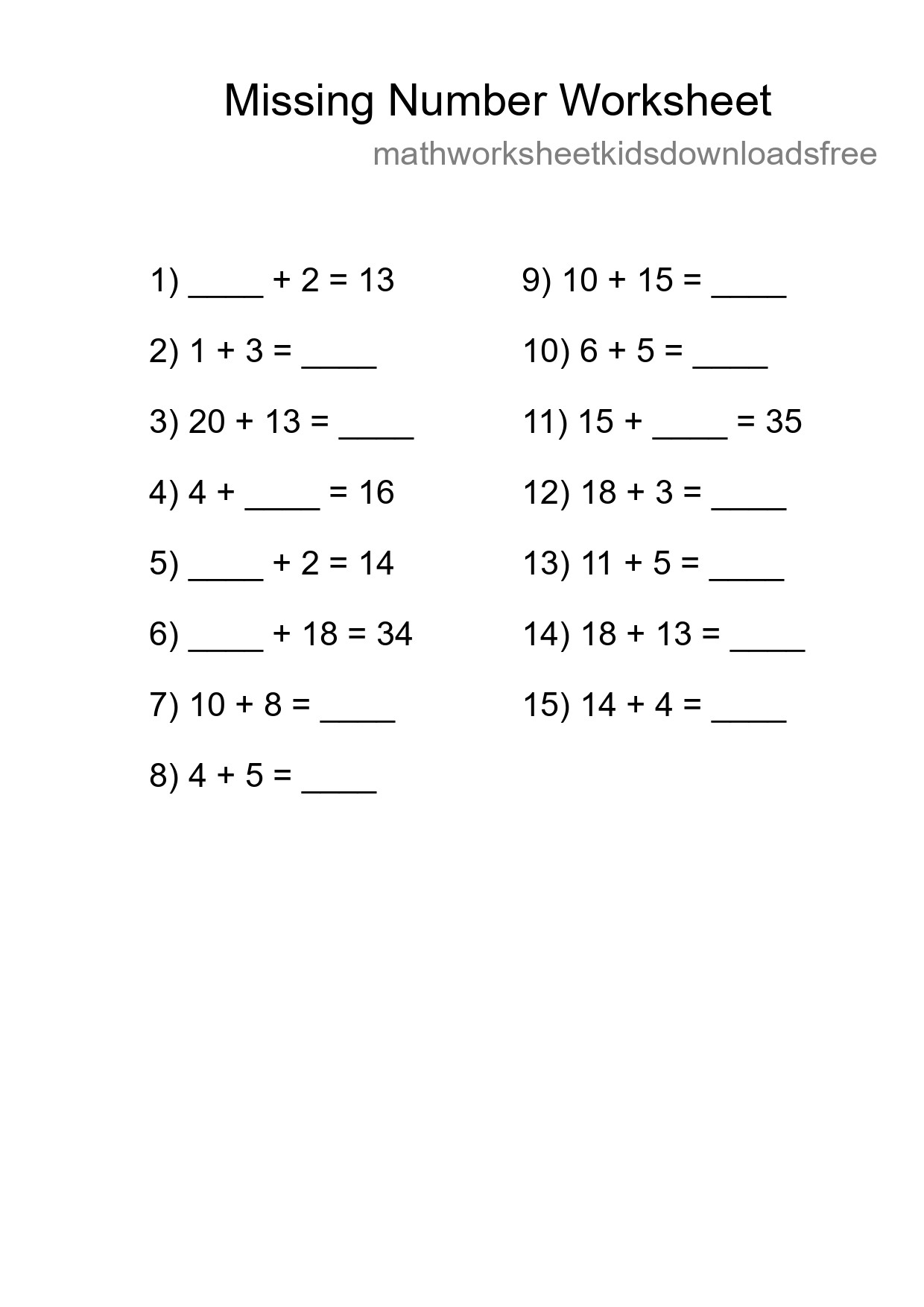 Missing Number Math Worksheet