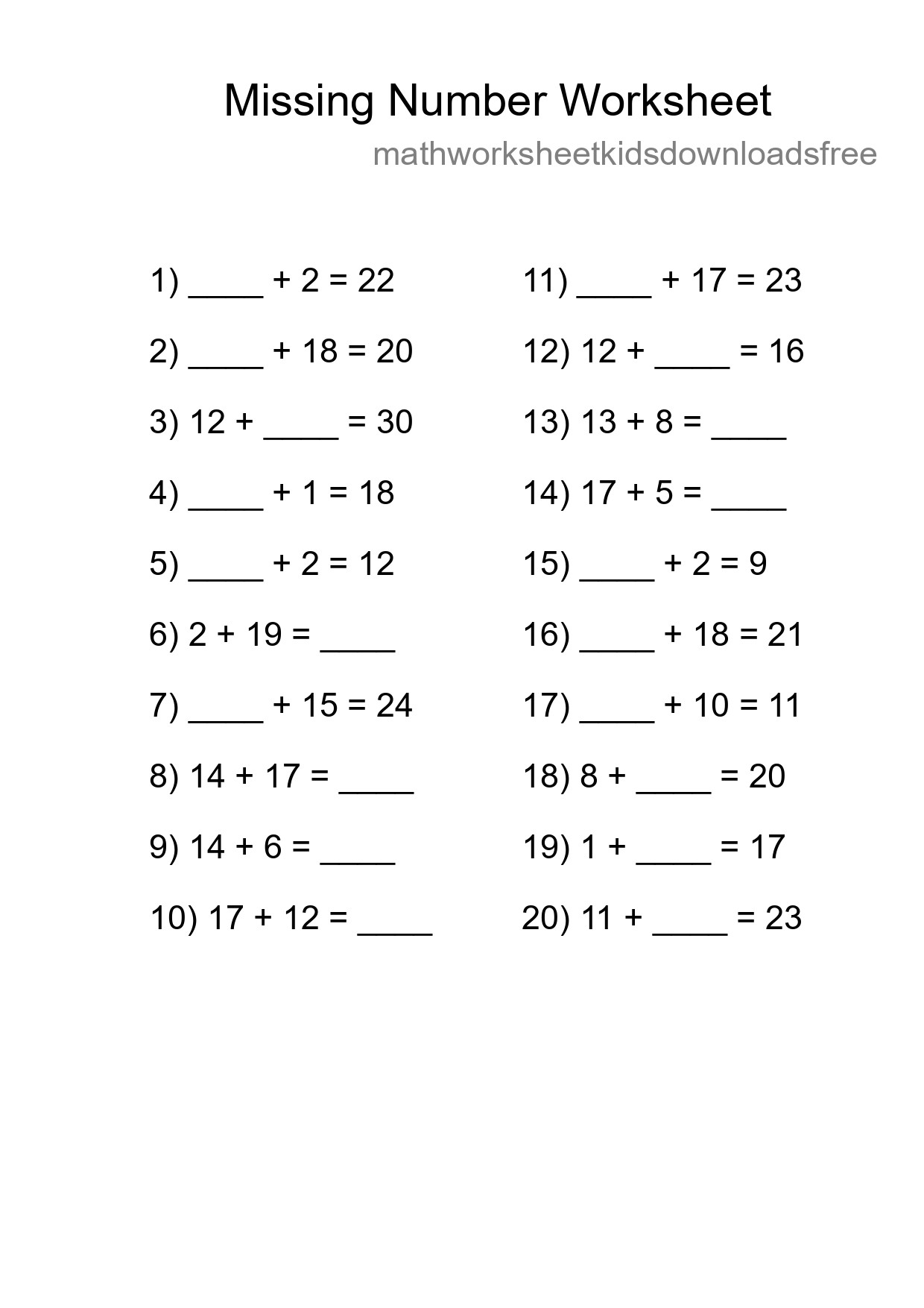 Missing Number Math Worksheet