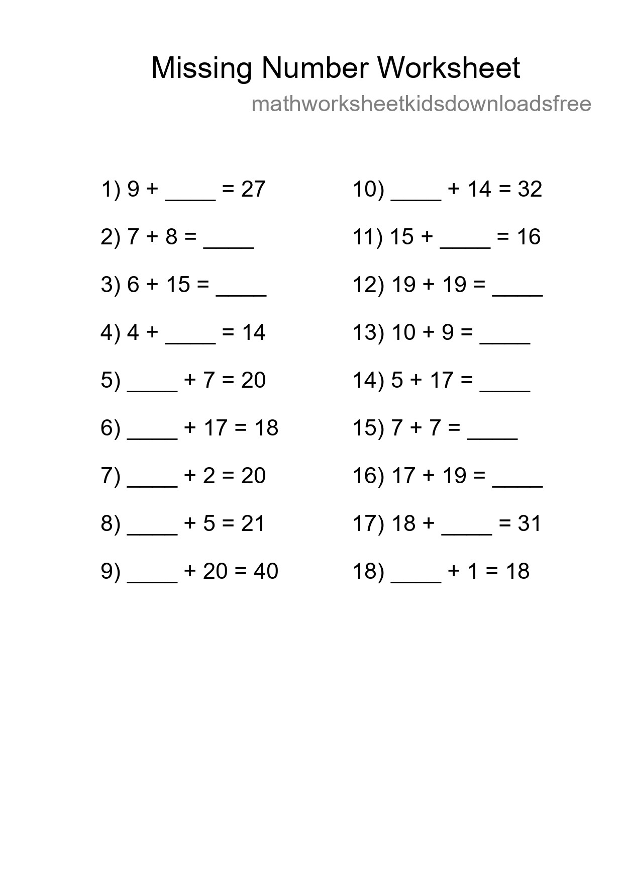 Missing Number Math Worksheet
