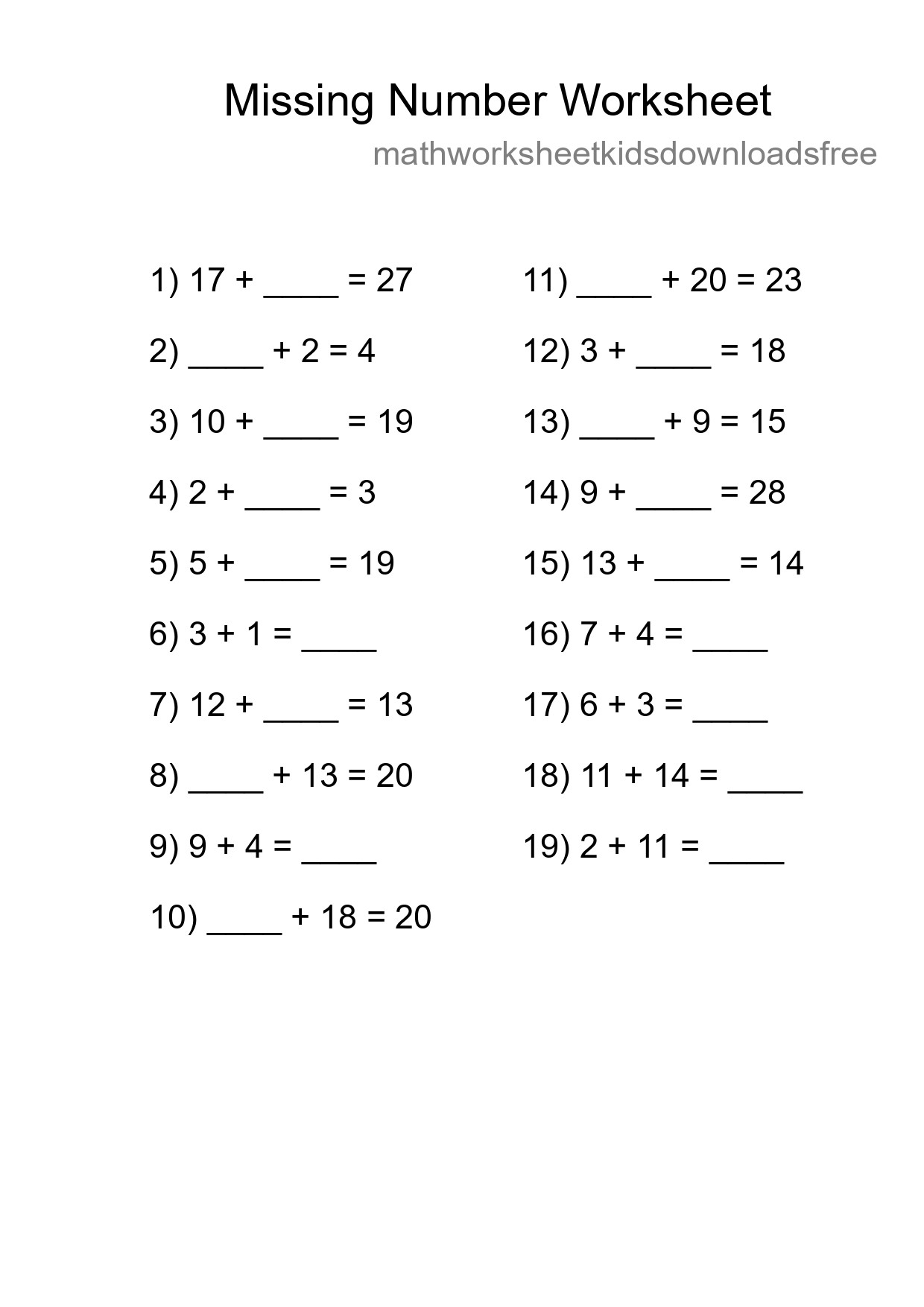 Missing Number Math Worksheet