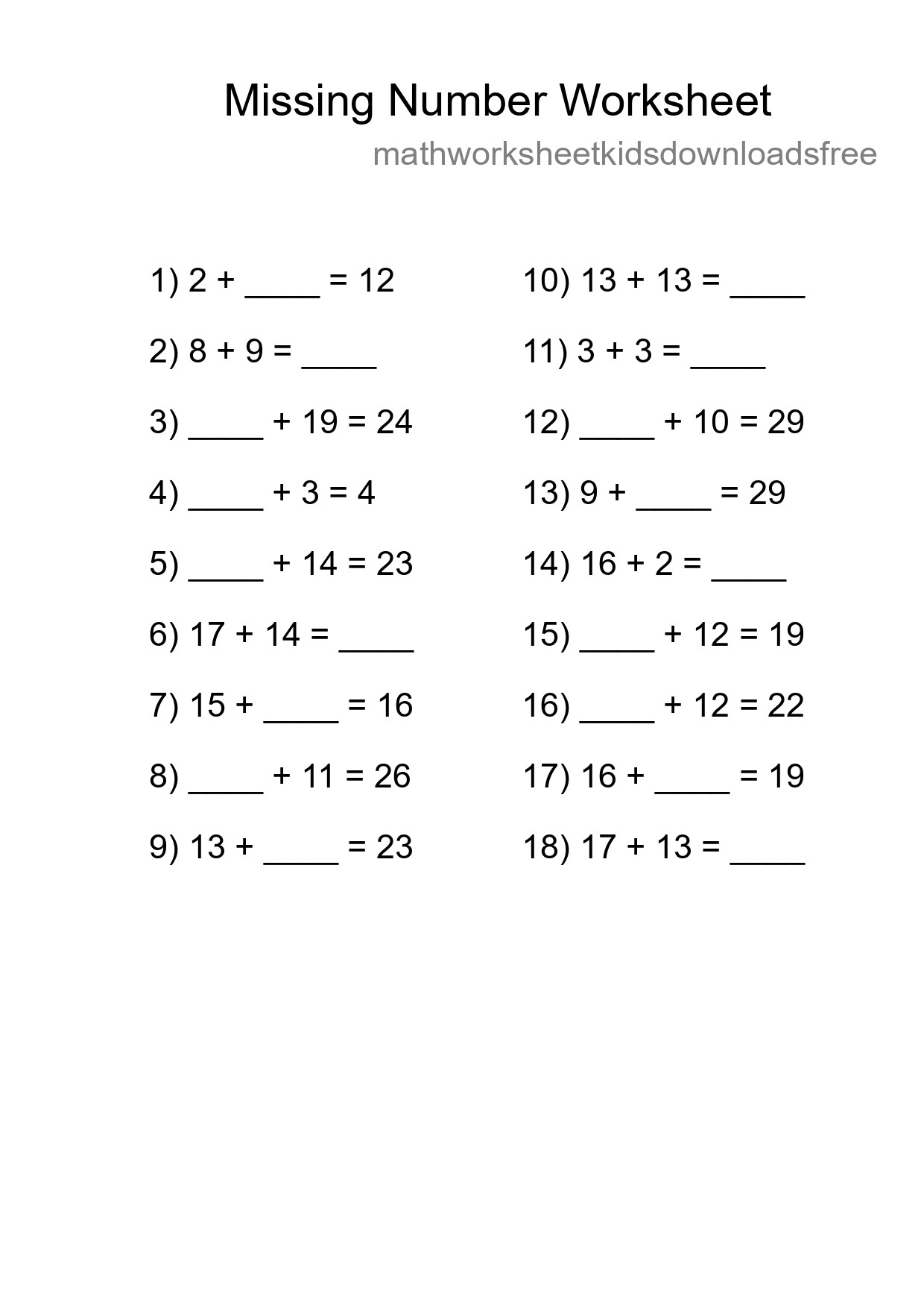 Missing Number Math Worksheet