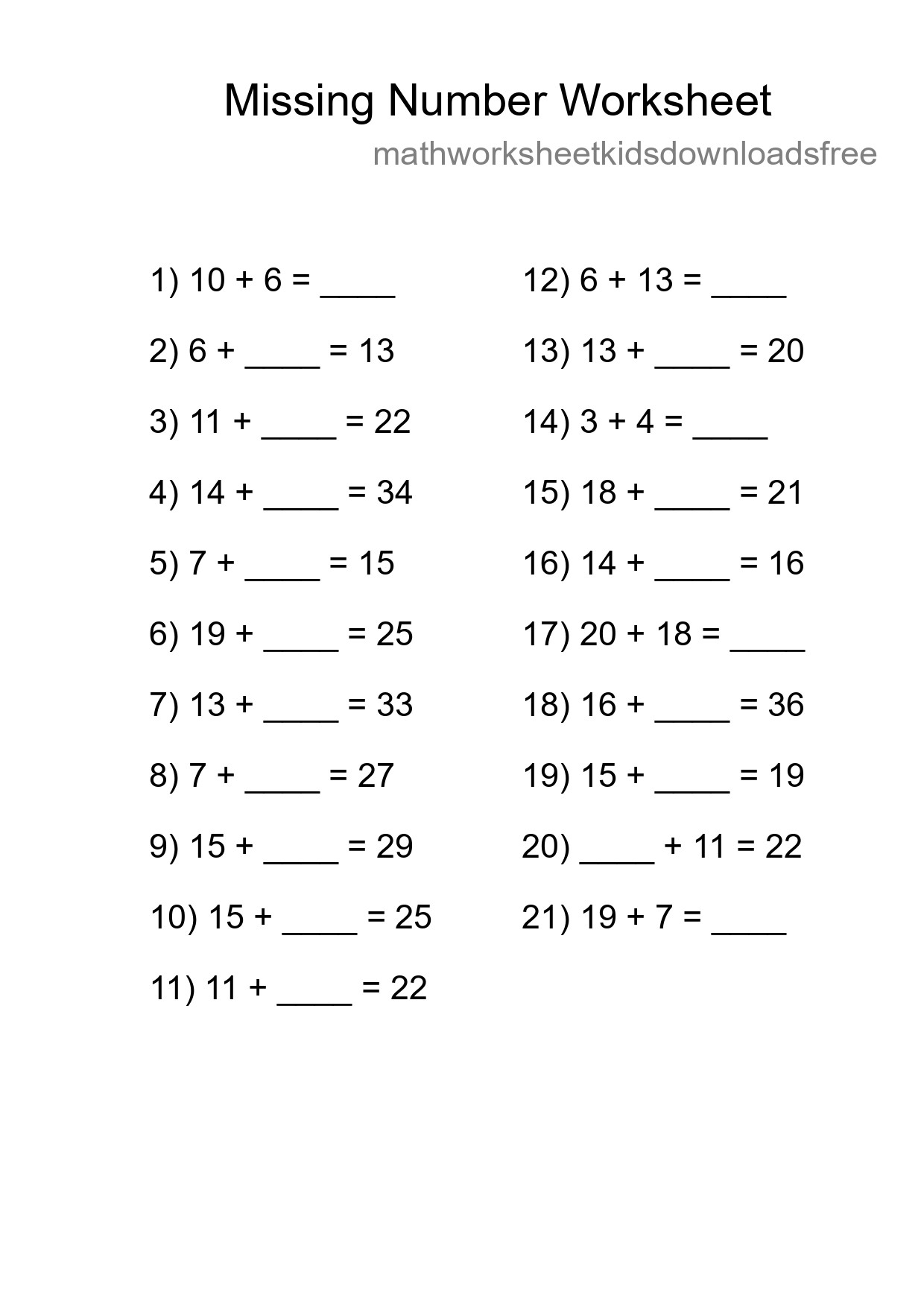 Missing Number Math Worksheet