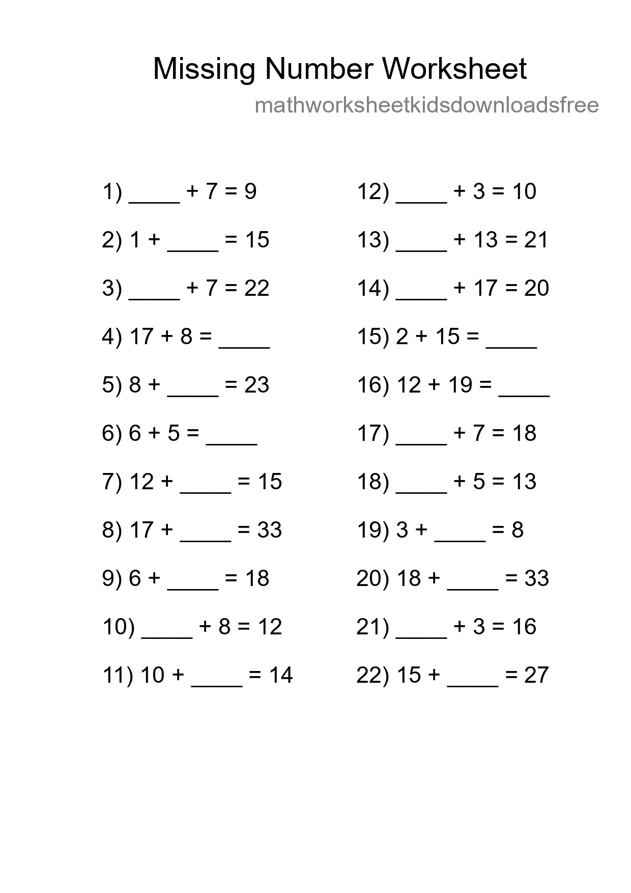 Missing Number Math Worksheet