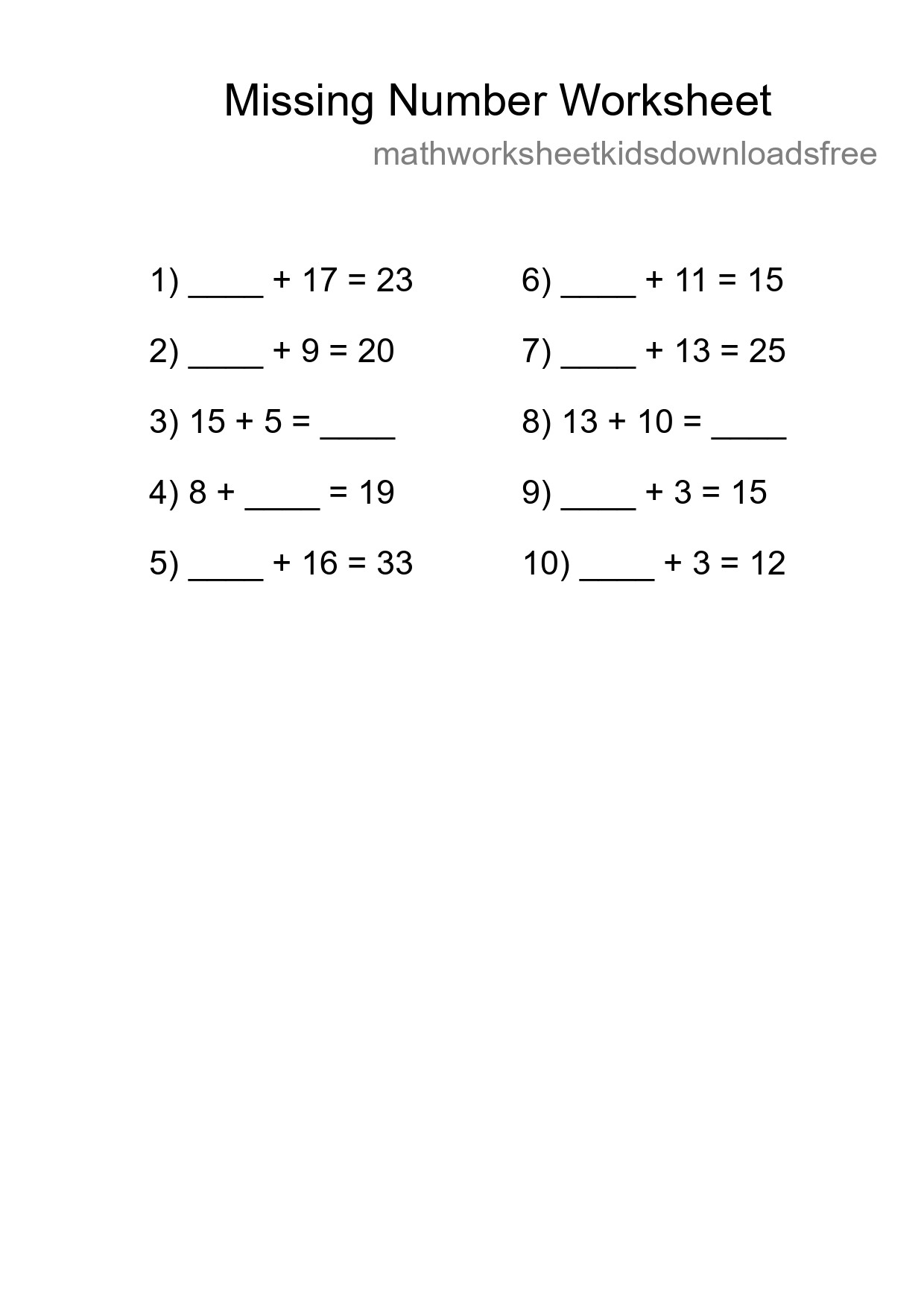 Missing Number Math Worksheet