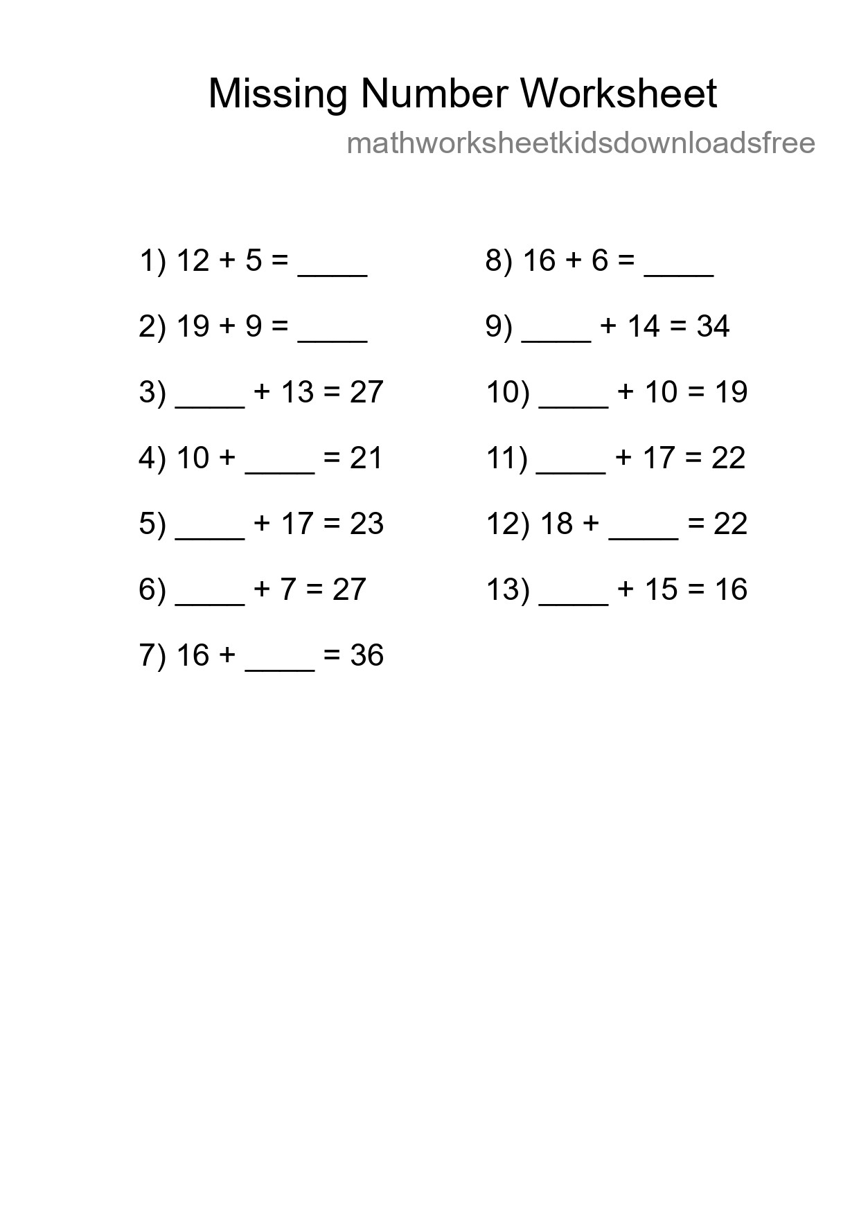 Missing Number Math Worksheet