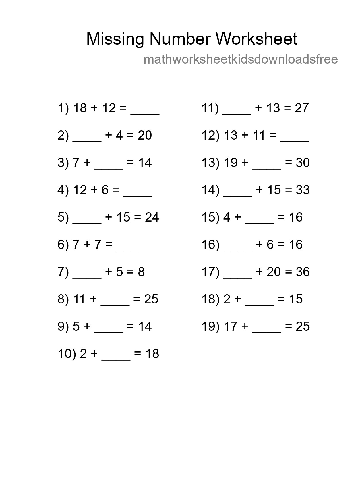 Missing Number Math Worksheet