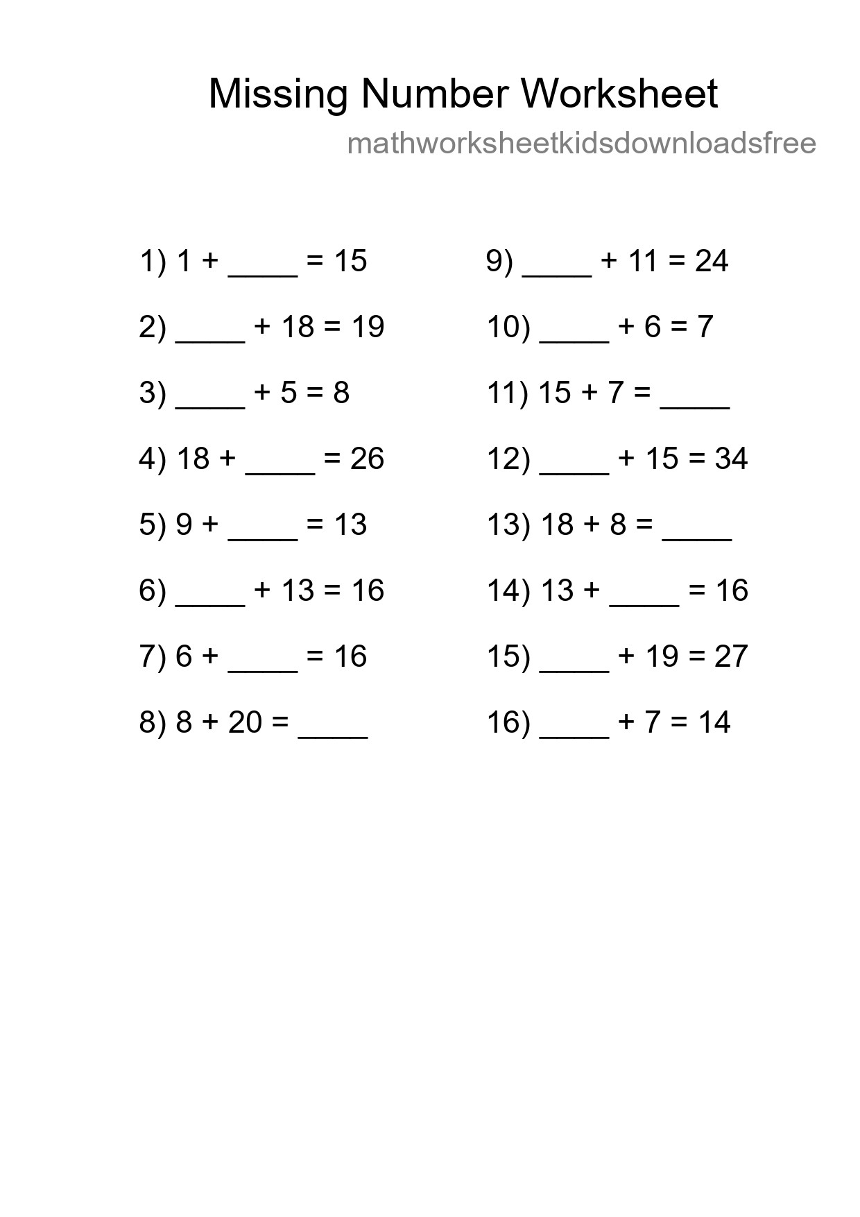 Missing Number Math Worksheet