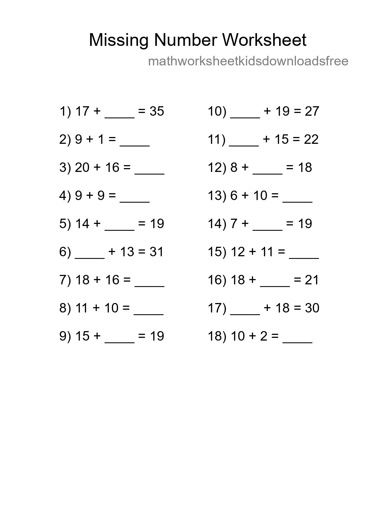 Missing Number Math Worksheet