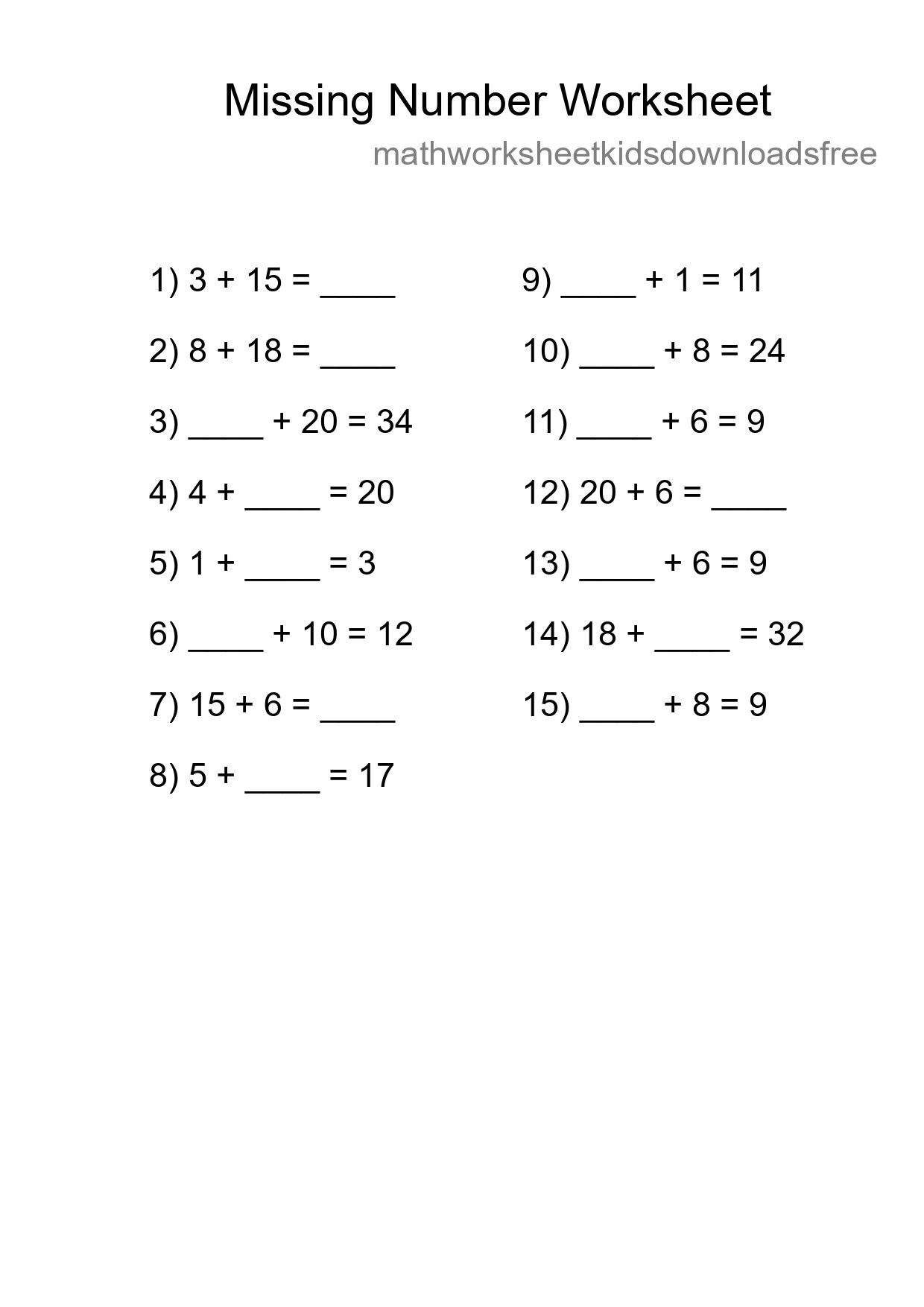Missing Number Math Worksheet
