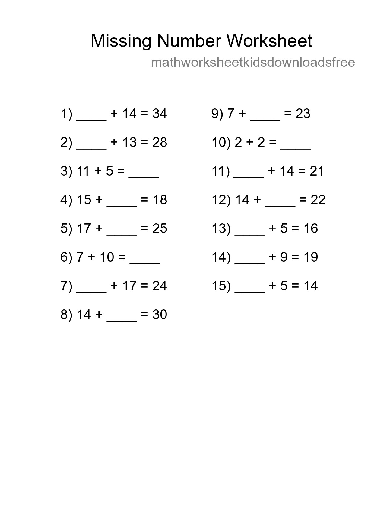 Missing Number Math Worksheet