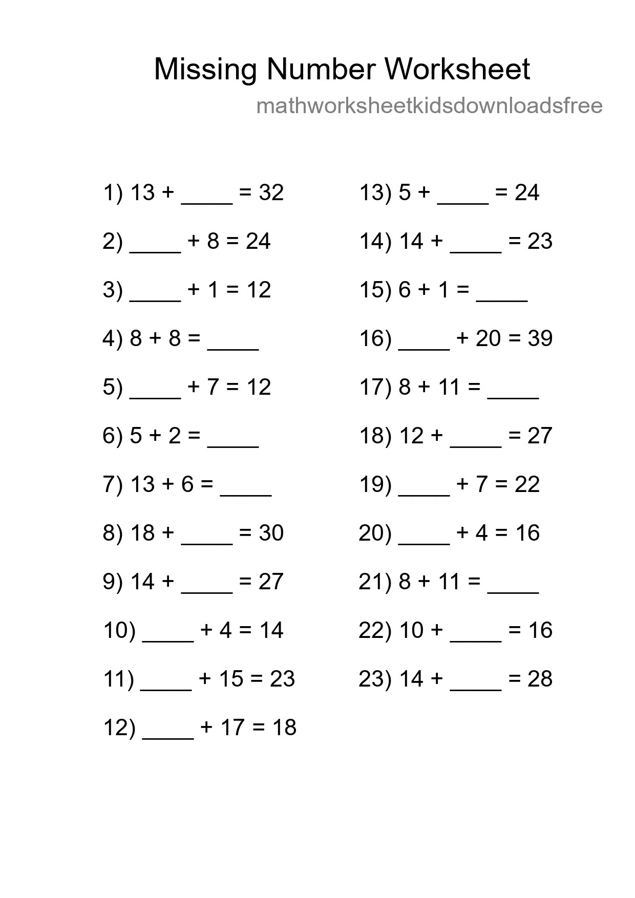 Missing Number Math Worksheet